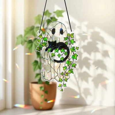 Window Suncatcher Acrylic Light-Transmitting Ghost, Cat & Leaf Motifs