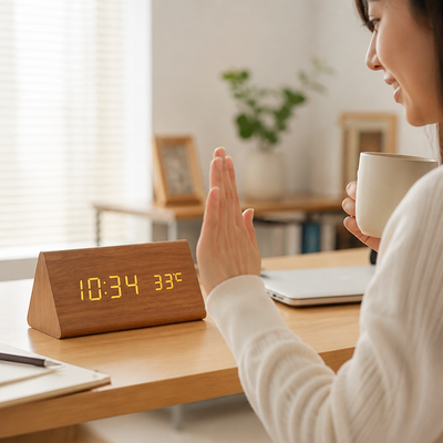 Wooden LED Clock Voice-Activated Adjustable Brightness