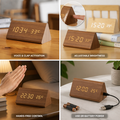 Wooden LED Clock Voice-Activated Adjustable Brightness