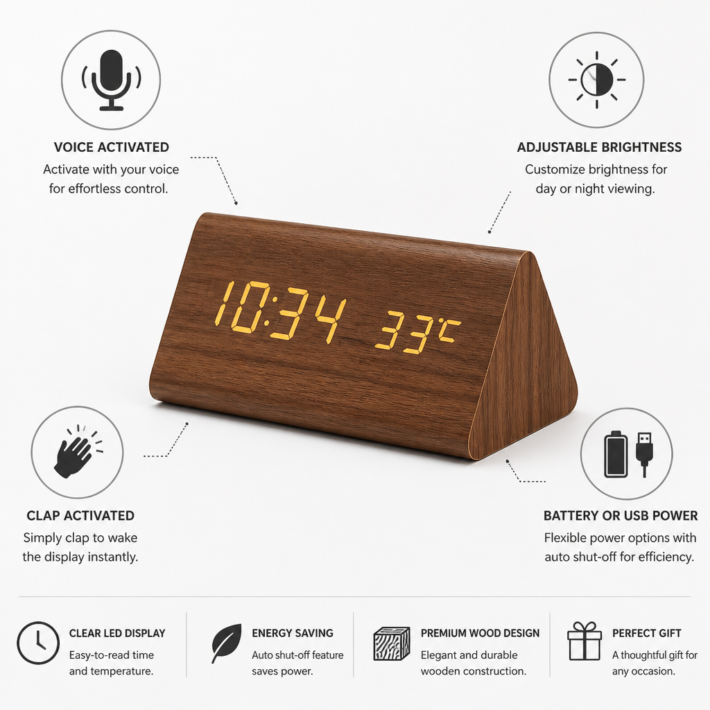 Wooden LED Clock Voice-Activated Adjustable Brightness