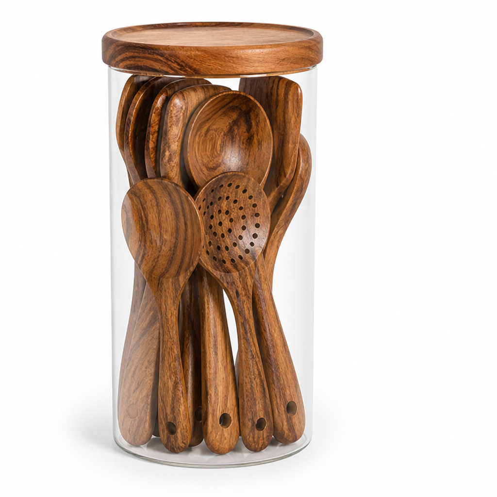 Wooden Utensil Set Teak 8-Piece Non-Toxic & Non-Scratch