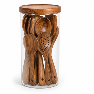 Wooden Utensil Set Teak 8-Piece Non-Toxic & Non-Scratch