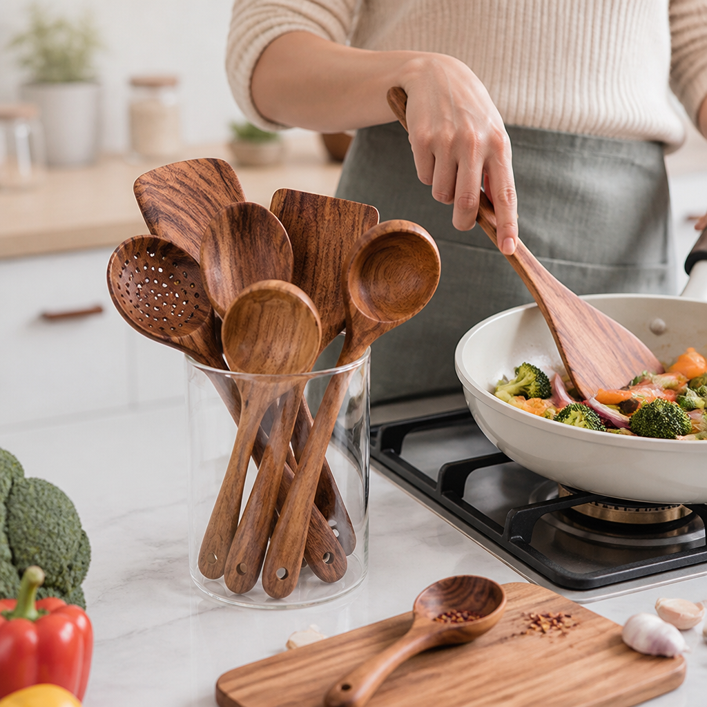 Wooden Utensil Set Teak 8-Piece Non-Toxic & Non-Scratch