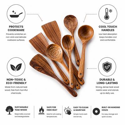 Wooden Utensil Set Teak 8-Piece Non-Toxic & Non-Scratch